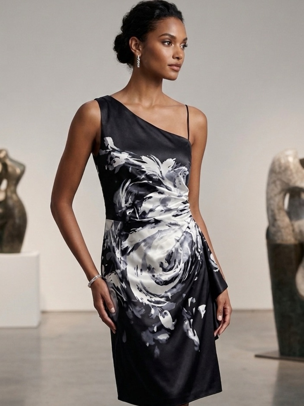 London Time Black & White Floral Satin one shoulder dress size 8